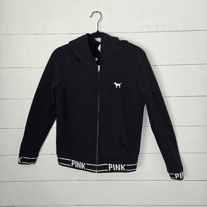 Victoria Secret Pink Y2K Hoodie XSmall Zip Up Fur Black White Sweatshirt